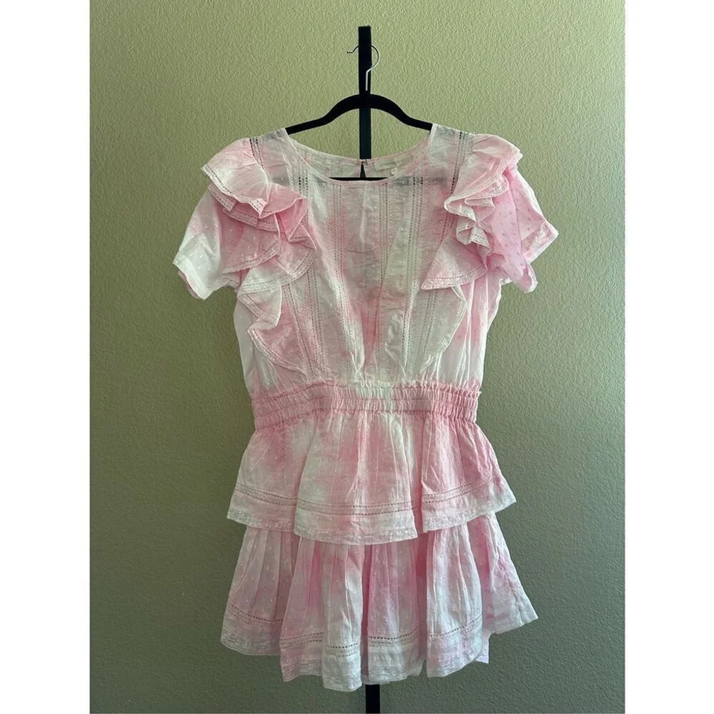 Love Shack Fancy Natasha Ruffle Tiered Mini Dress in Island Pink Hand Dye Size M